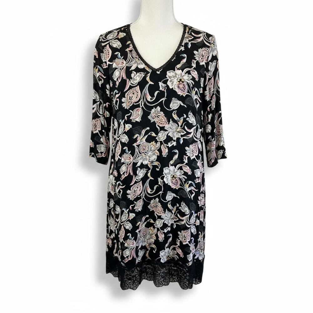 Claudie Pierlot Floral Lace Hem V-Neck Black Pink Midi Dress Women’s Size 4 XS